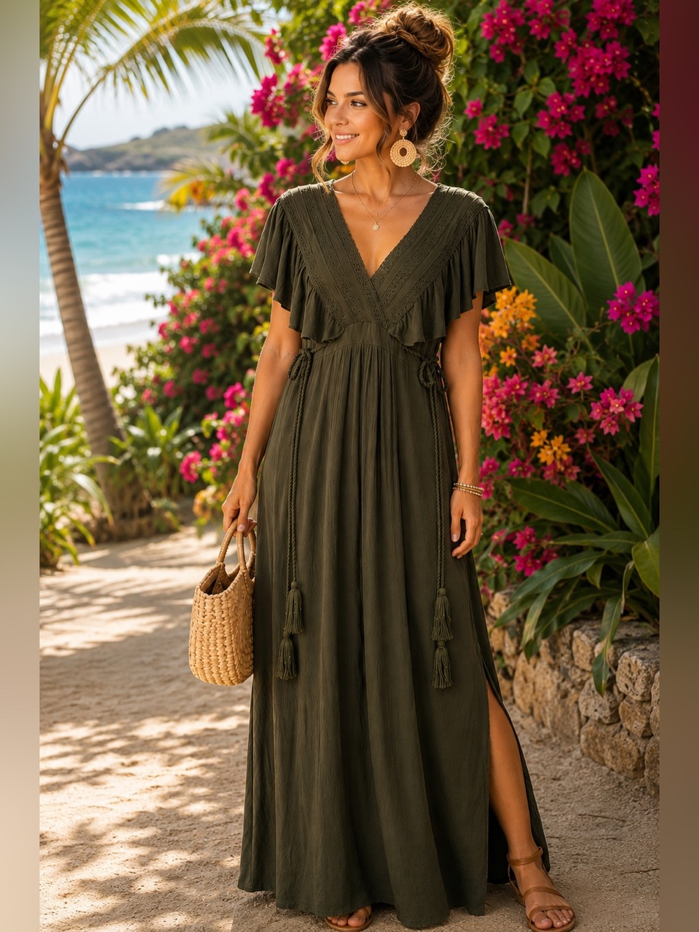 Baltic Born Olive Boho Maxi Dress Large | Flutter Sleeve Tassel Tie